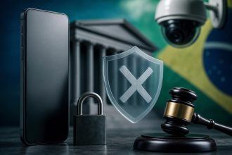 Ilustração editorial de celular e elementos abstratos associados à fiscalização de apostas digitais no Brasil, sem textos legíveis