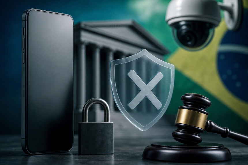 Ilustração editorial de celular e elementos abstratos associados à fiscalização de apostas digitais no Brasil, sem textos legíveis