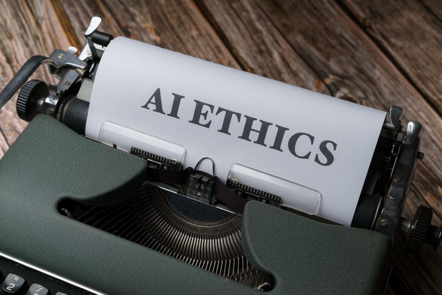 Máquina de escrever antiga com a expressão “AI Ethics” datilografada em uma folha de papel.