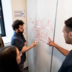 Grupo de engenheiros reúne-se diante de um quadro branco para discutir dados em um ambiente de pesquisa.
