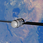 Satélite orbitando a Terra, com oceanos e continentes visíveis ao fundo.