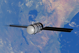 Satélite orbitando a Terra, com oceanos e continentes visíveis ao fundo.