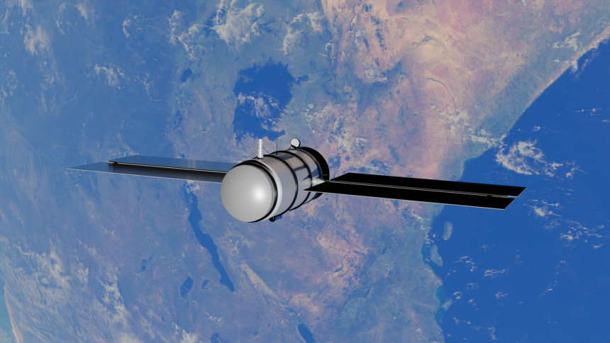Satélite orbitando a Terra, com oceanos e continentes visíveis ao fundo.